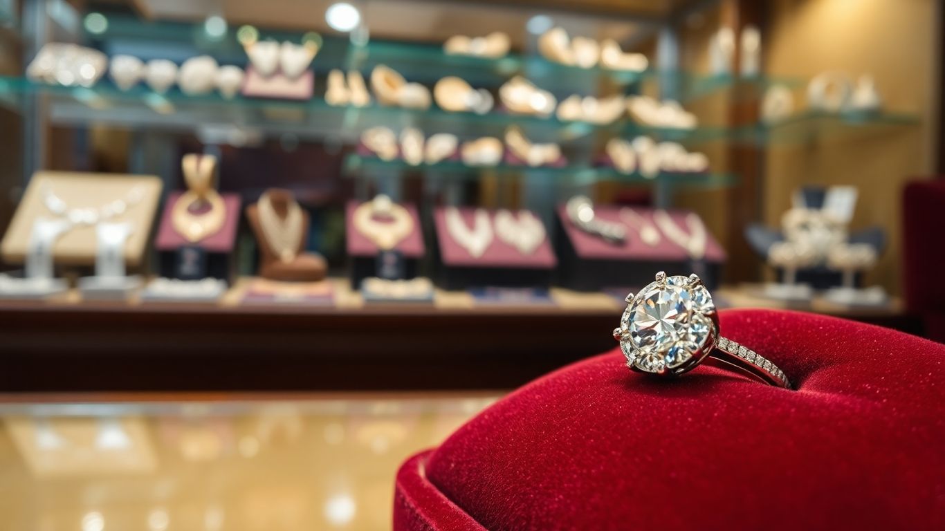 Glitzernder Diamantring auf Samtkissen, Juweliergeschäft im Hintergrund.
