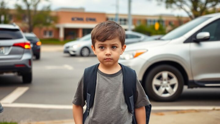 Kinder auf dem Schulweg mit Autos