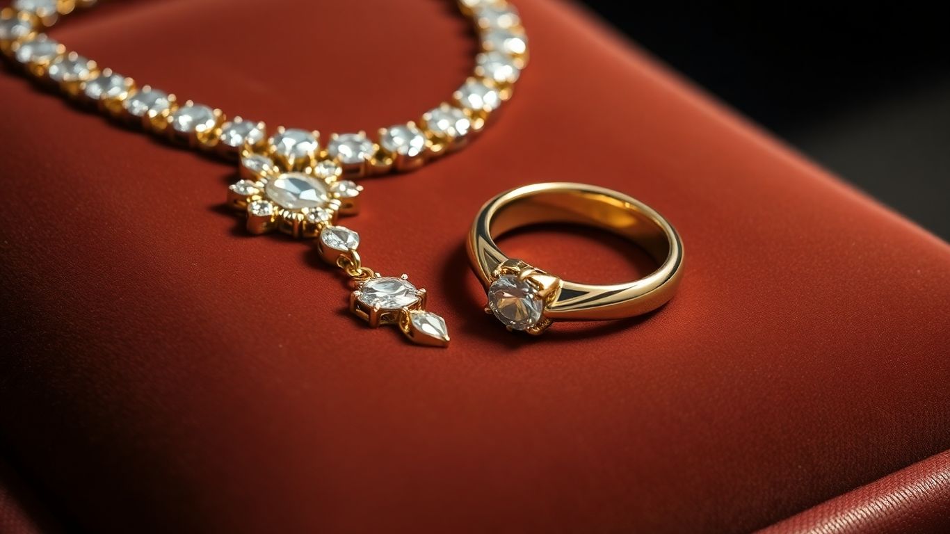 Glitzernder Schmuck auf Samtkissen, Juwelierwerkzeug im Hintergrund.