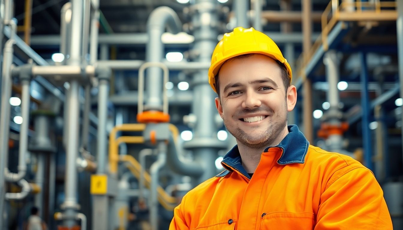 Smiling refinery worker in a modern industrial facility.