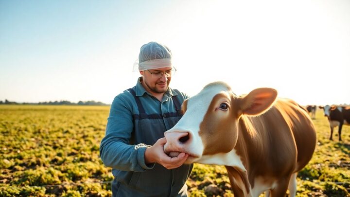 Bauer inspiziert gesunde Kuh auf einem Feld.