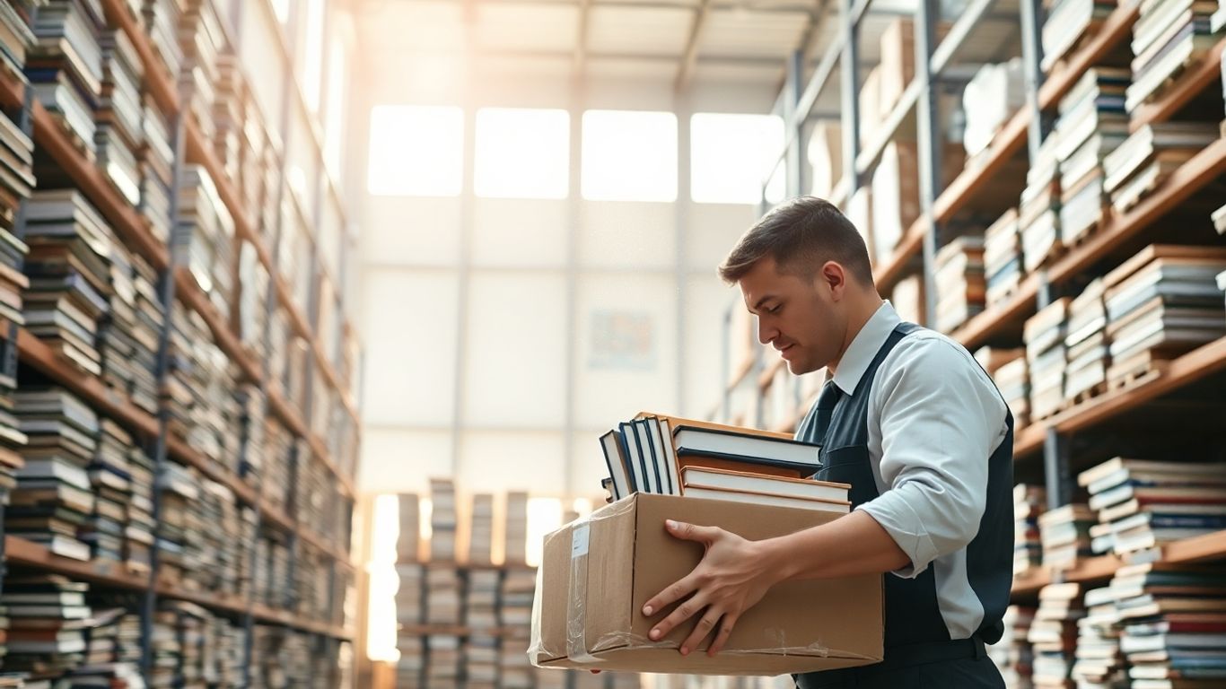 Lagerhalle mit Büchern und Versandvorbereitung