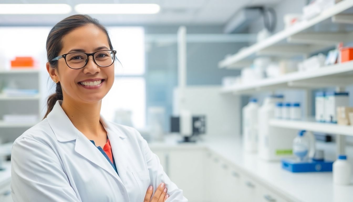 Smiling researcher in a modern laboratory.