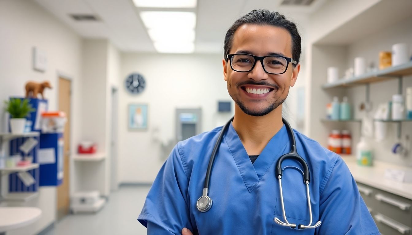 Smiling veterinarian in a bright, modern veterinary clinic.
