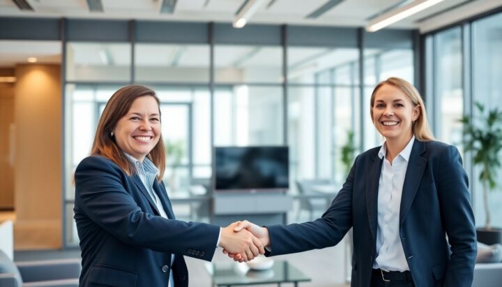 Business professionals shaking hands in a modern office.