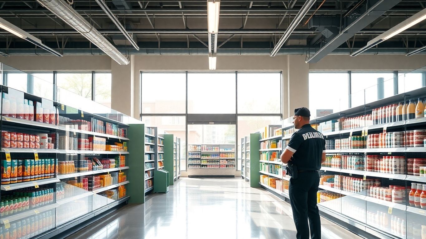 Supermarkt mit Sicherheitspersonal und vollen Regalen