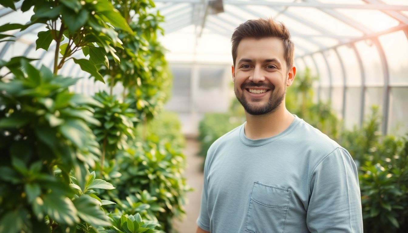 Smiling gardener in a sunlit greenhouse with plants.