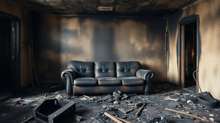 Verbrannte Sofas in einem zerstörten Wohnzimmer nach einem Brand.