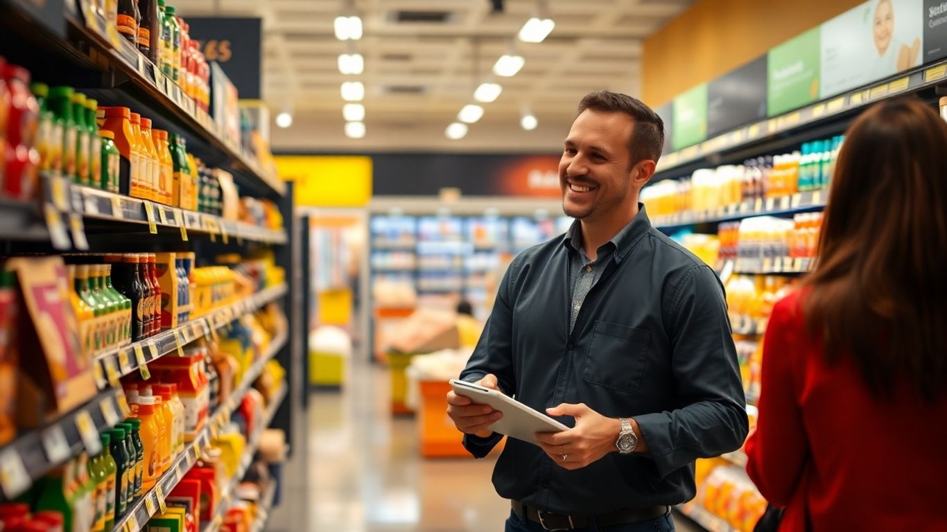 Supermarkt mit zufriedenen Kunden und Ladenbesitzer