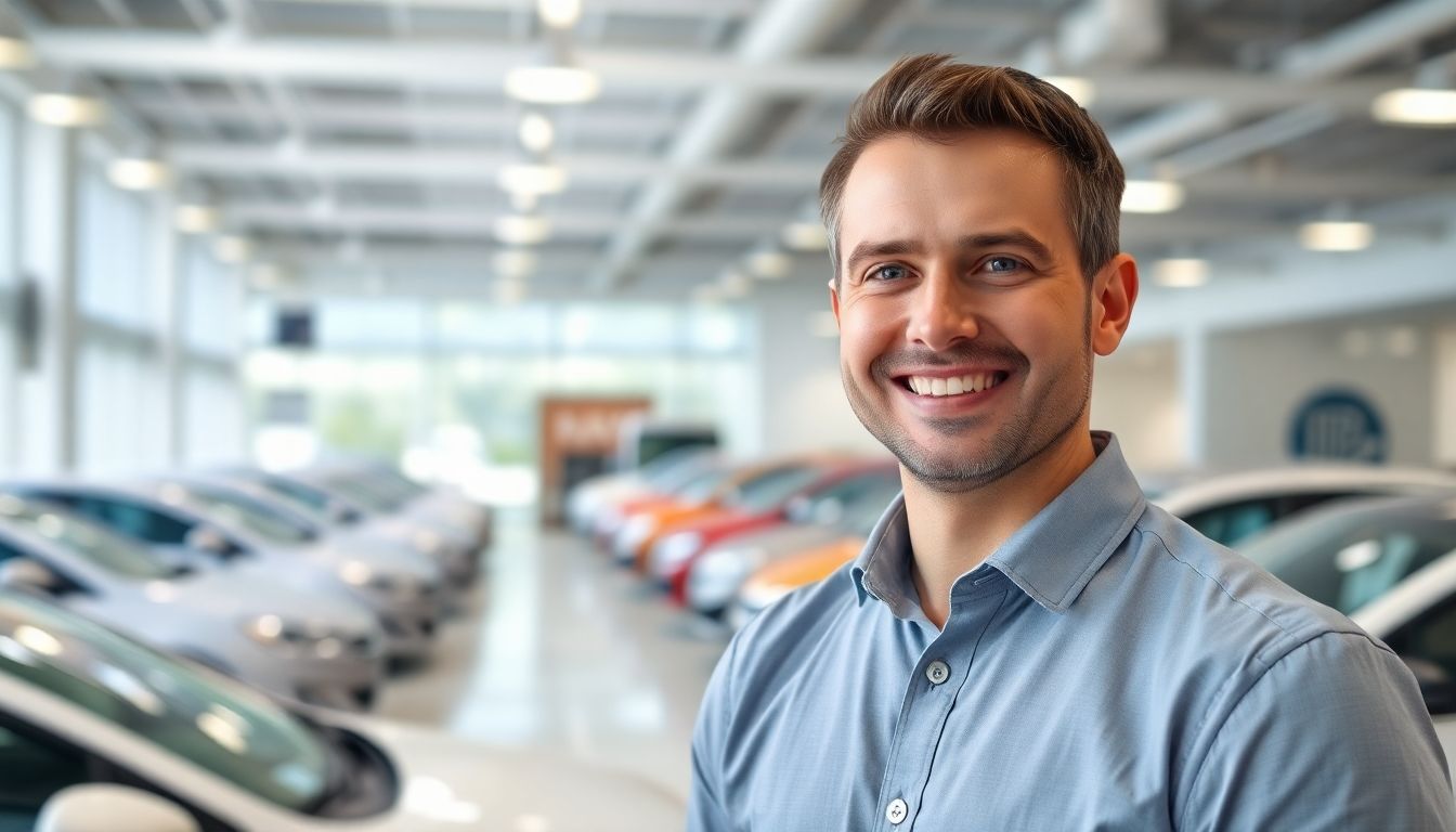 Vesicherung für Autohaus. Man smiling in a bright, modern car dealership.