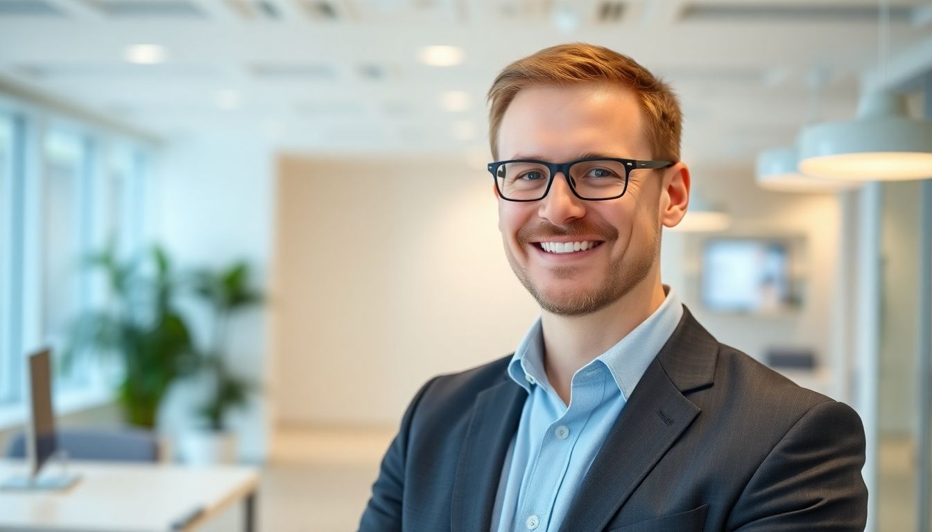 Smiling business owner in a bright office.