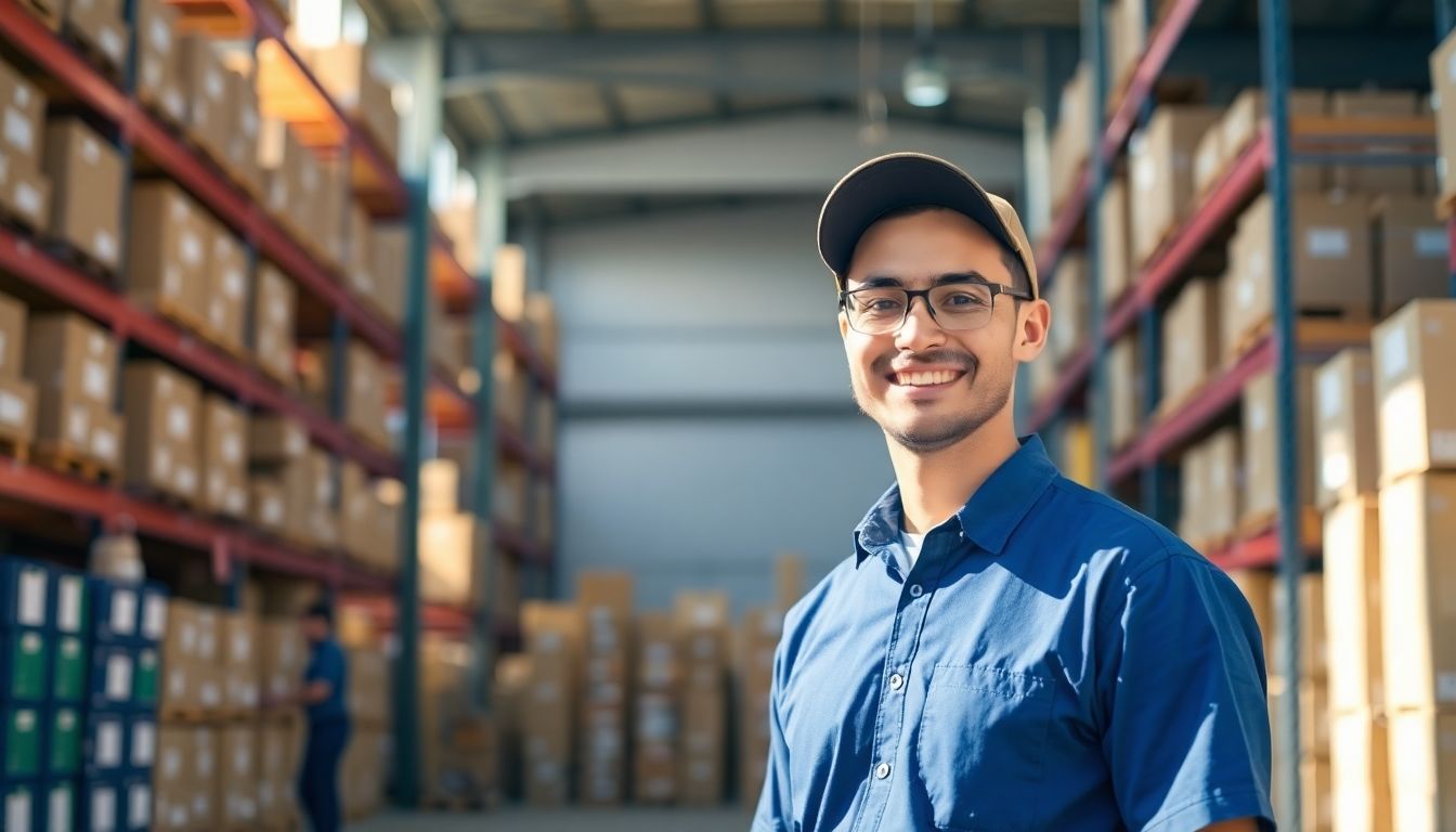 Smiling person in shipping uniform in a bright warehouse.