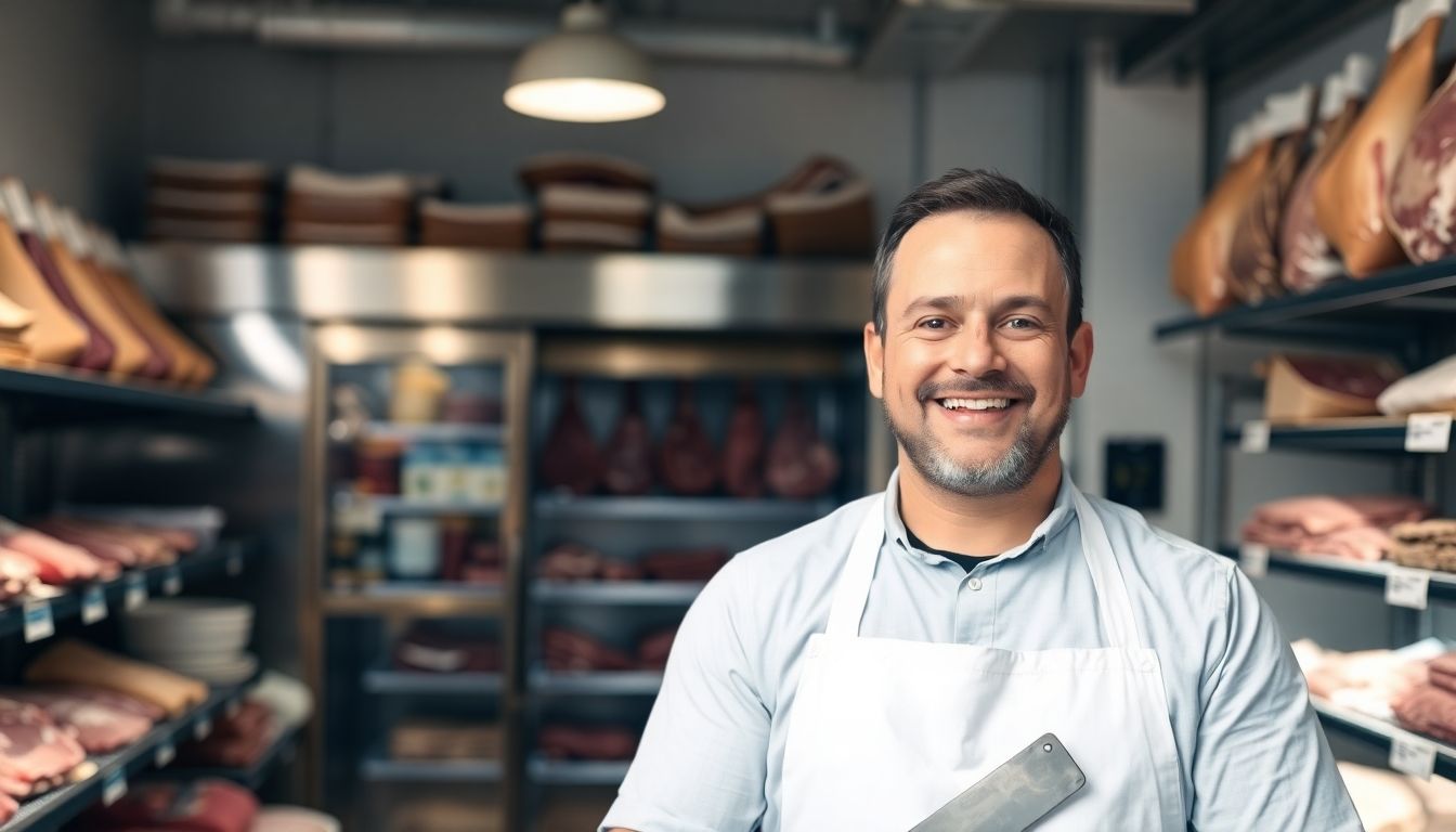 Smiling butcher in a clean, well-lit meat shop.