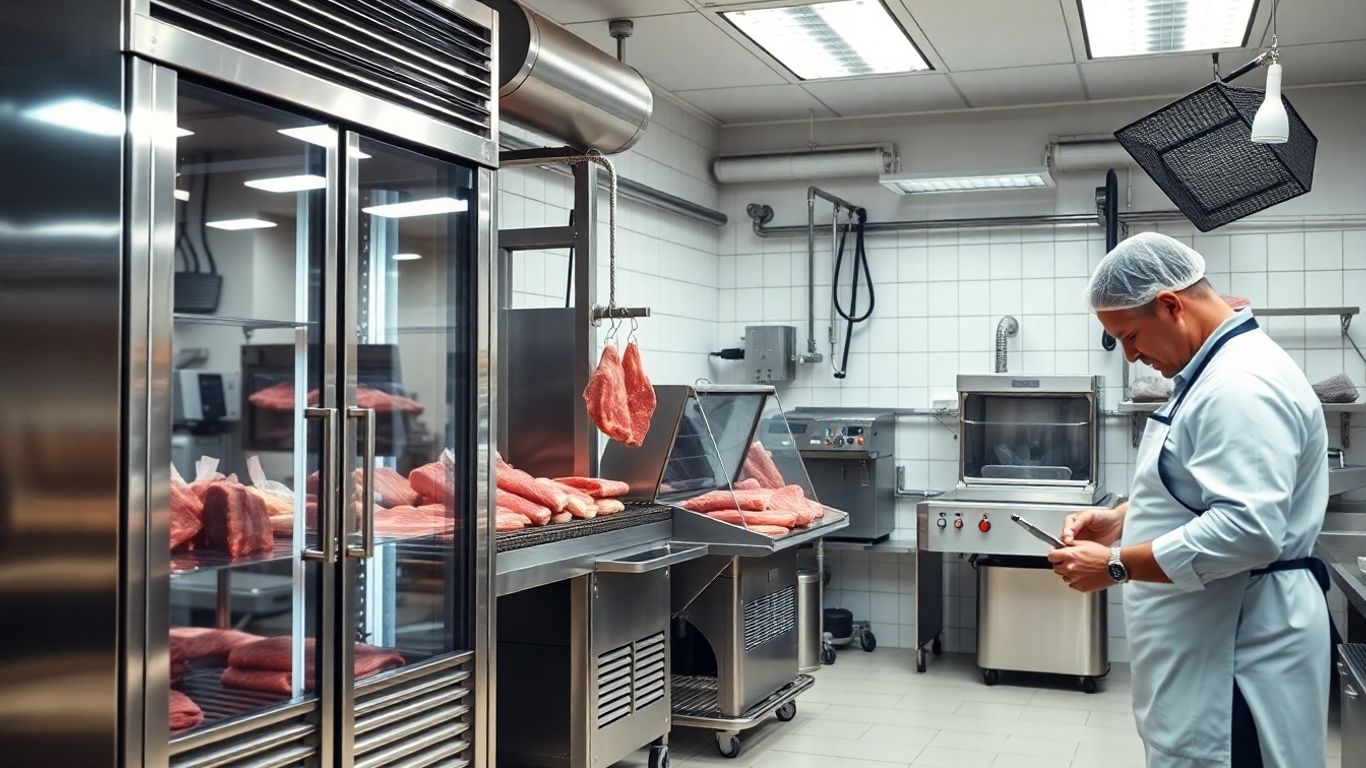 Moderne Fleischerei mit Kühlung und Maschinen
