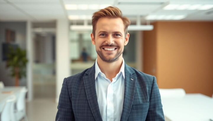 Smiling Geschäftsführer in a bright, modern office.