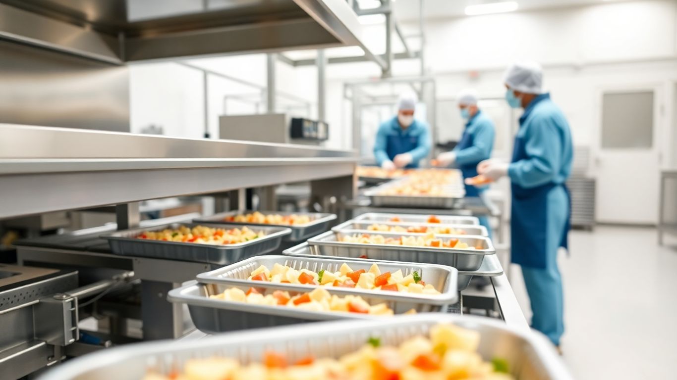Lebensmittelproduktion mit hygienischen Geräten und Fertiggerichten.