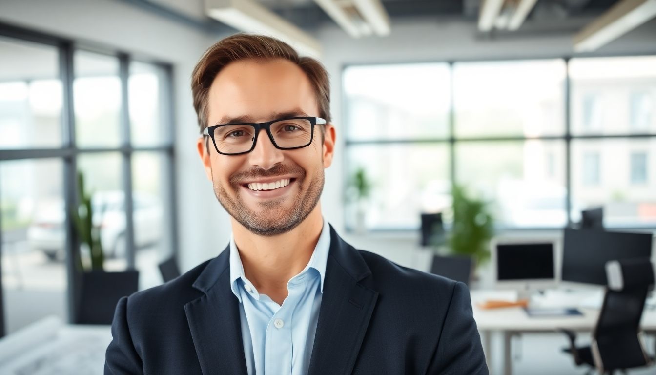 Smiling business owner in a bright office with architectural blueprints.
