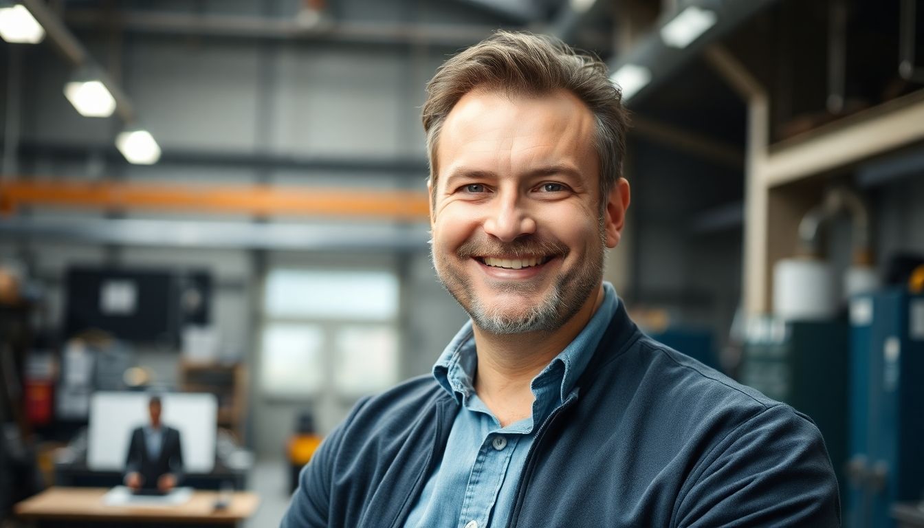 Smiling business owner in a bright metalworking workshop.