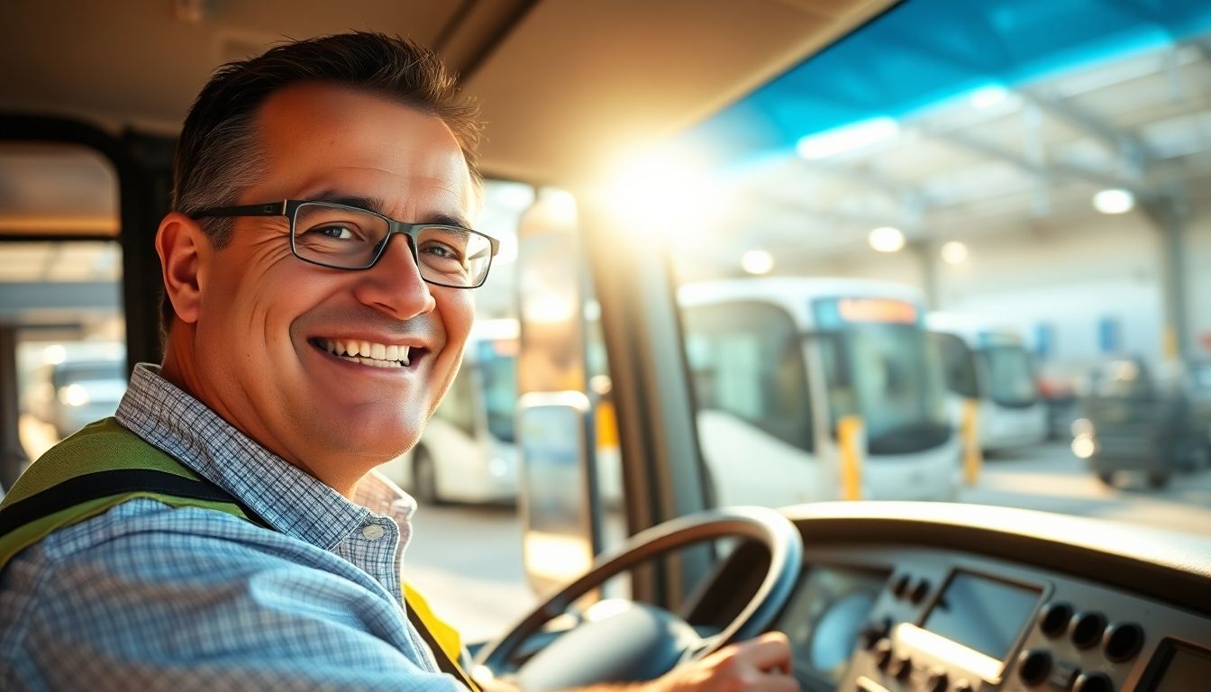 Smiling bus driver in a bright, modern bus depot.