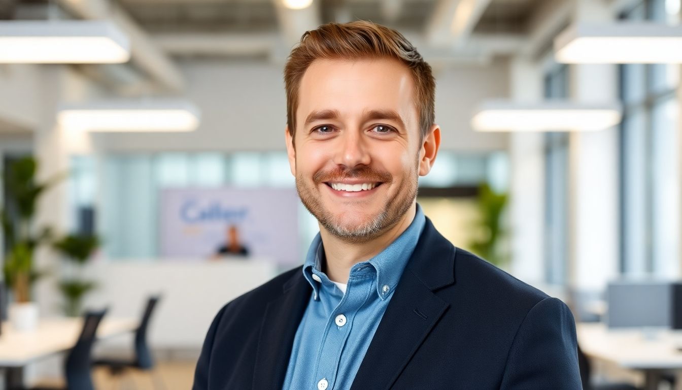 Smiling Geschäftsführer in a bright, modern office.