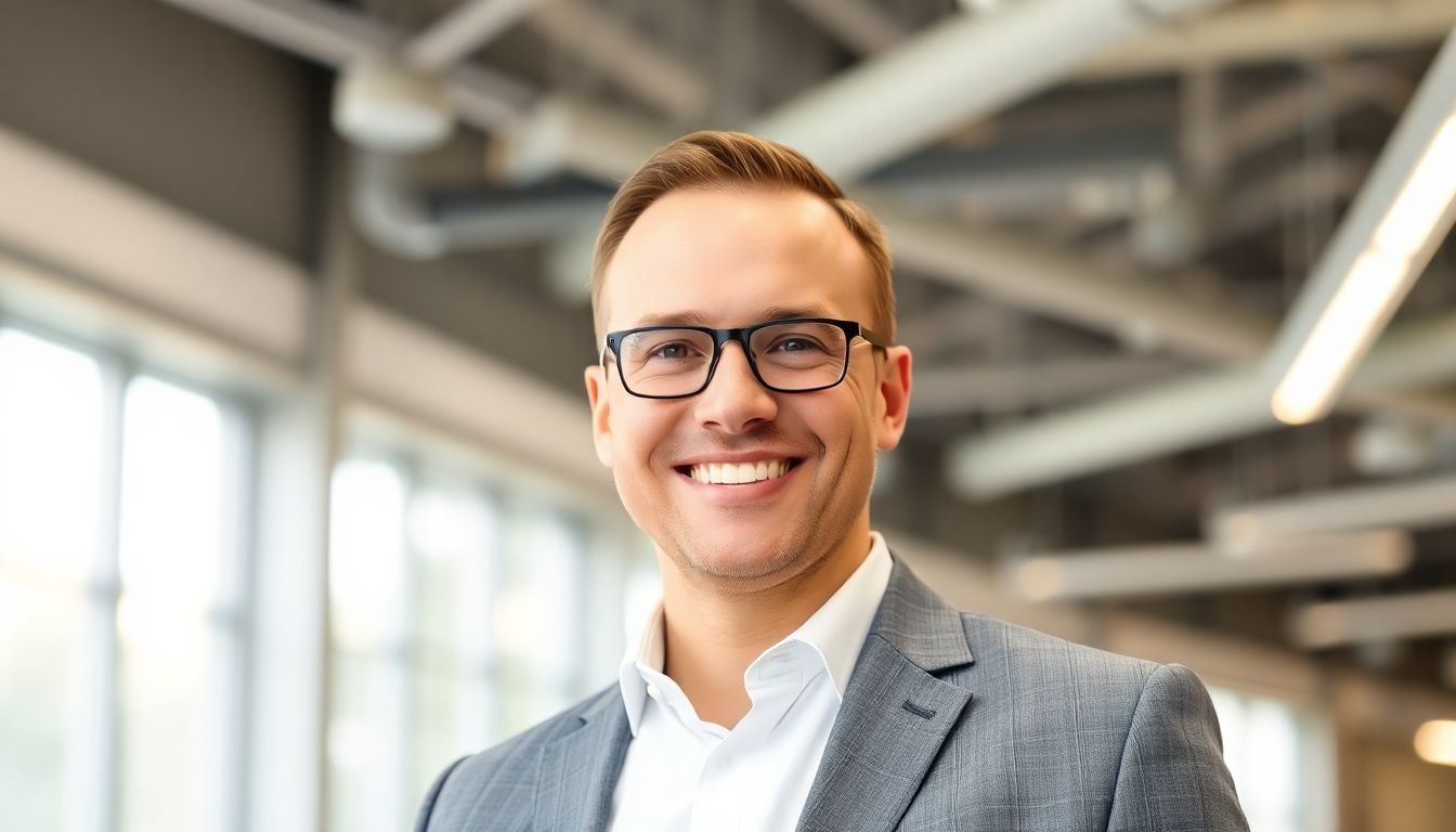 Smiling executive in a bright office, representing business security.
