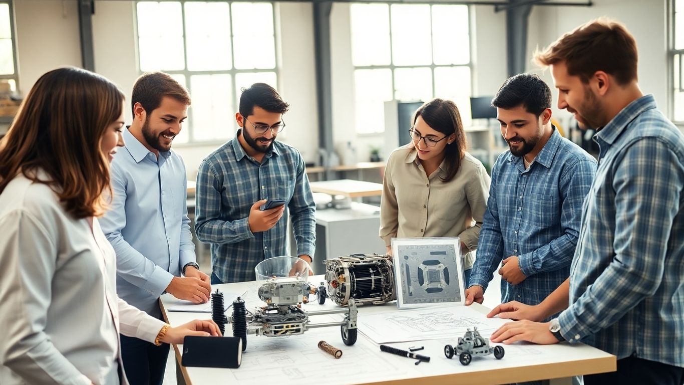 Entwickler arbeiten an Prototypen in einem modernen Büro.