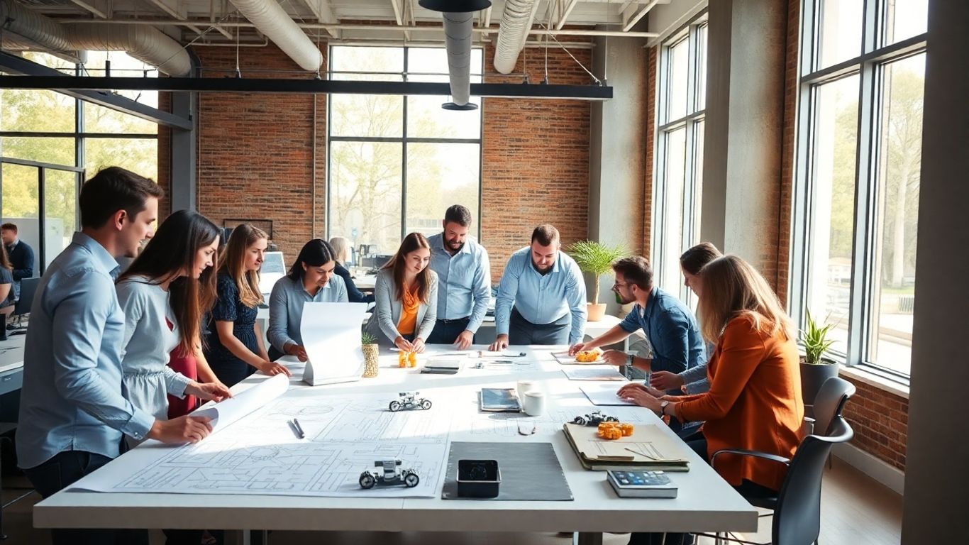 Entwickler arbeiten an Prototypen und Blaupausen im Büro.