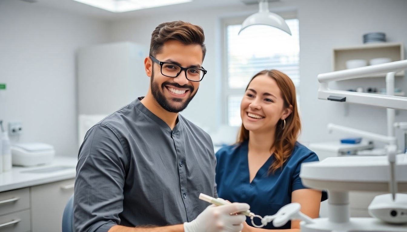 Dental technician smiling in a bright, modern laboratory.
