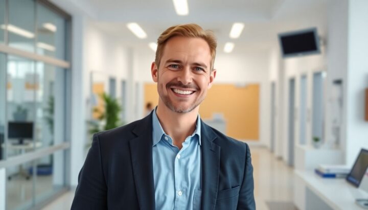 Smiling Geschäftsführer in a modern medical office.