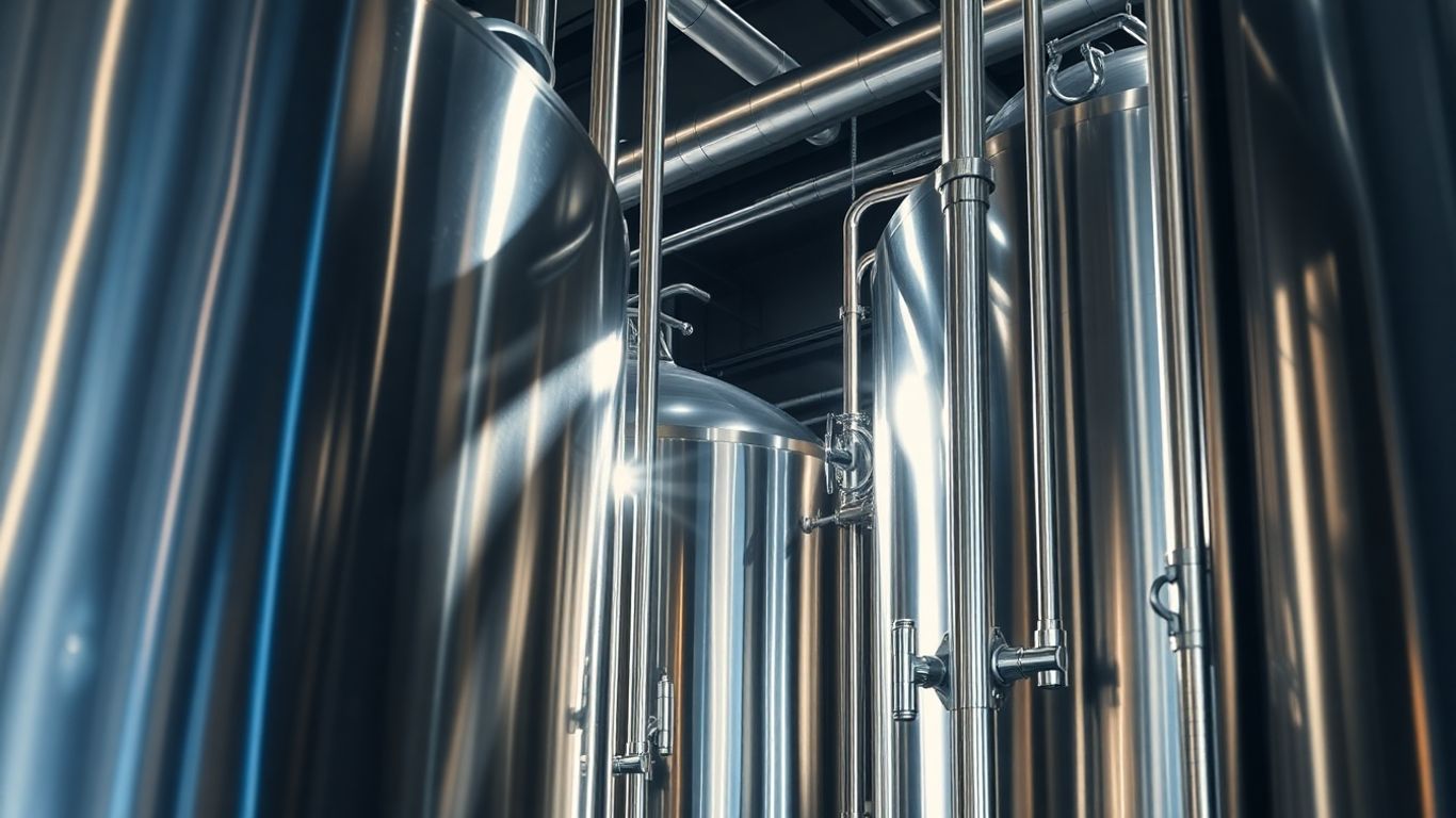Moderne Brauereianlage mit Edelstahltanks und Rohren.