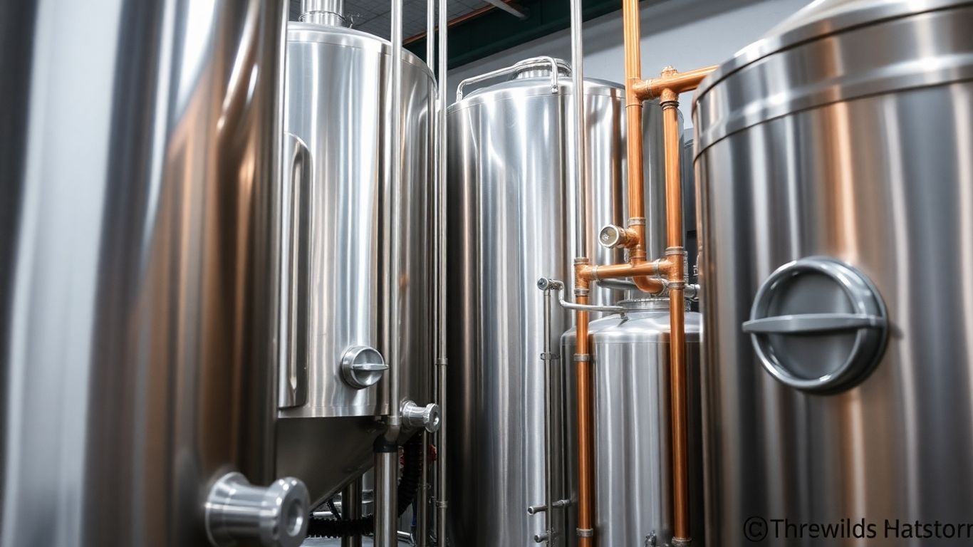 Brauanlage in einer Brauerei mit Tanks und Rohren