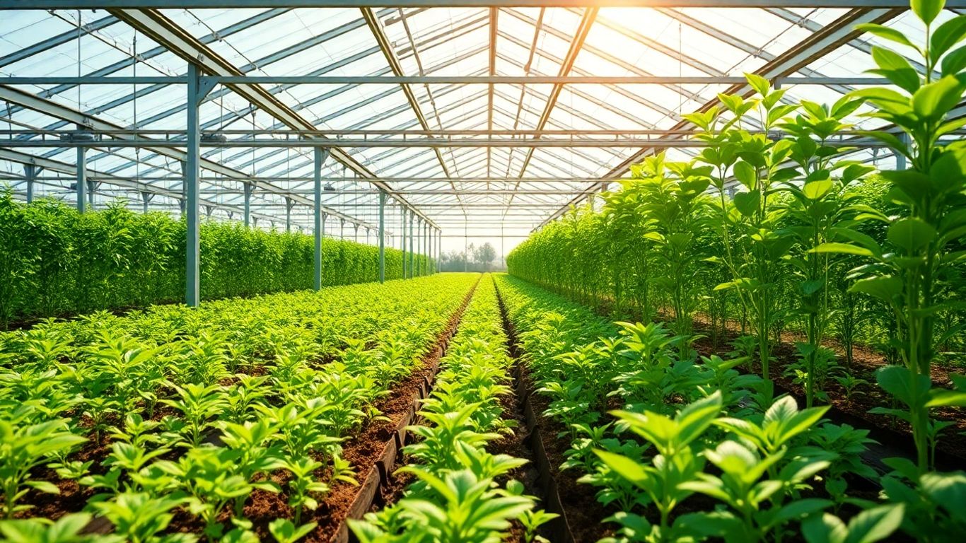 Pflanzenzucht im Gewächshaus mit Sonnenlicht