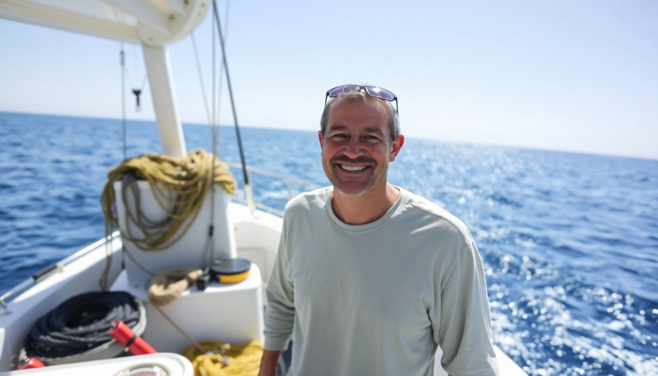 Smiling fisherman on a sunny boat deck.