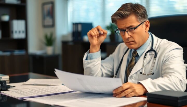 Doctor with insurance documents on desk.