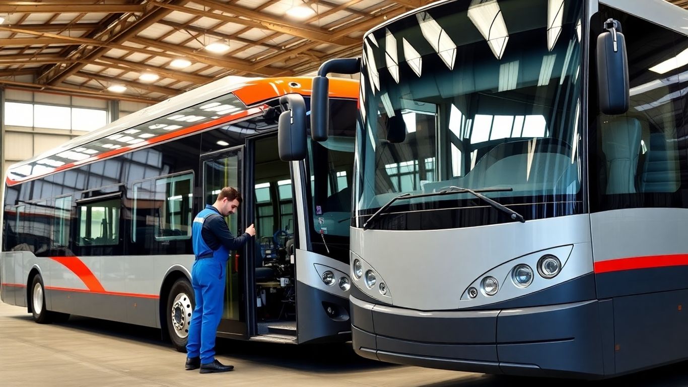 Bus und Bahn im Depot mit Mechaniker