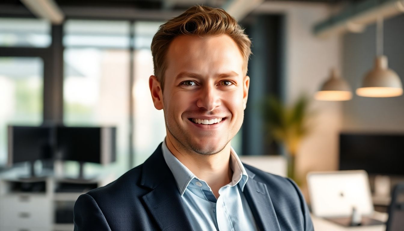 Smiling business owner in a bright office.