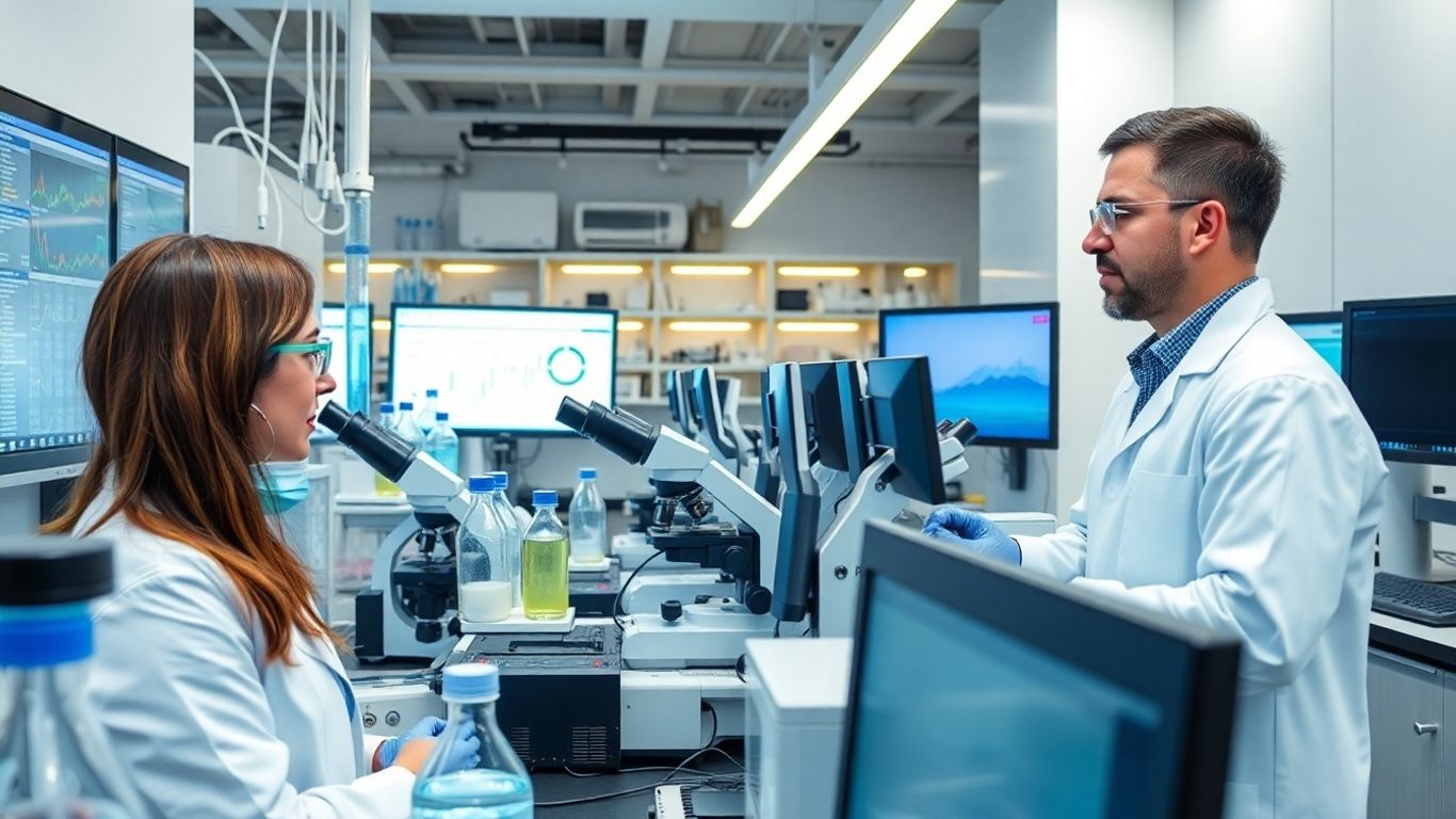 Wissenschaftler im Labor mit Geräten und Bildschirmen