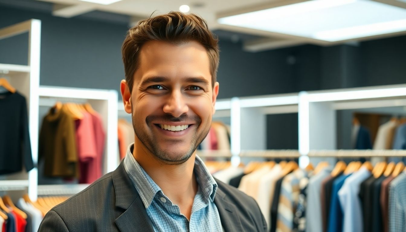 Smiling business owner in a bright, modern clothing store.