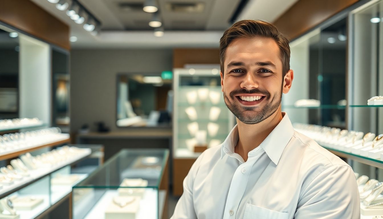 Smiling jeweler in a bright, modern jewelry store.
