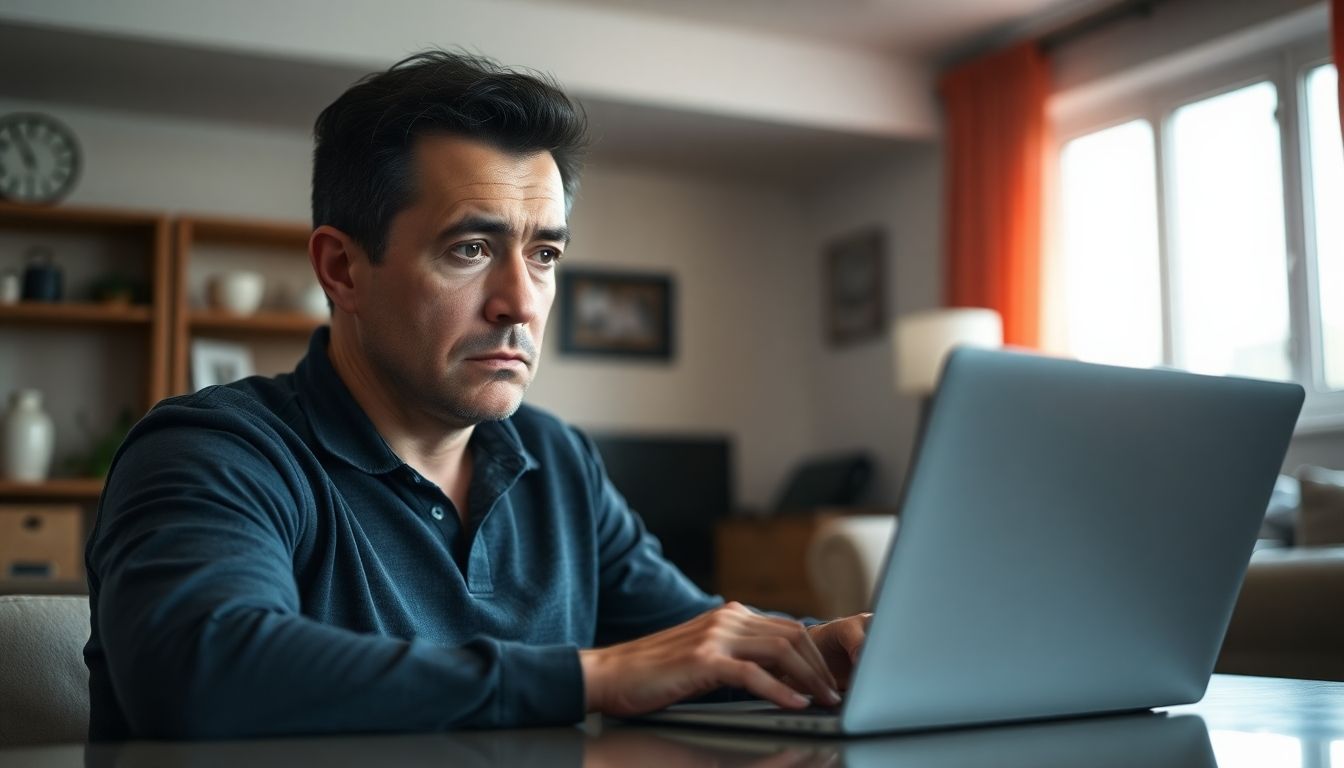 Man looking worried at a laptop screen with an email.