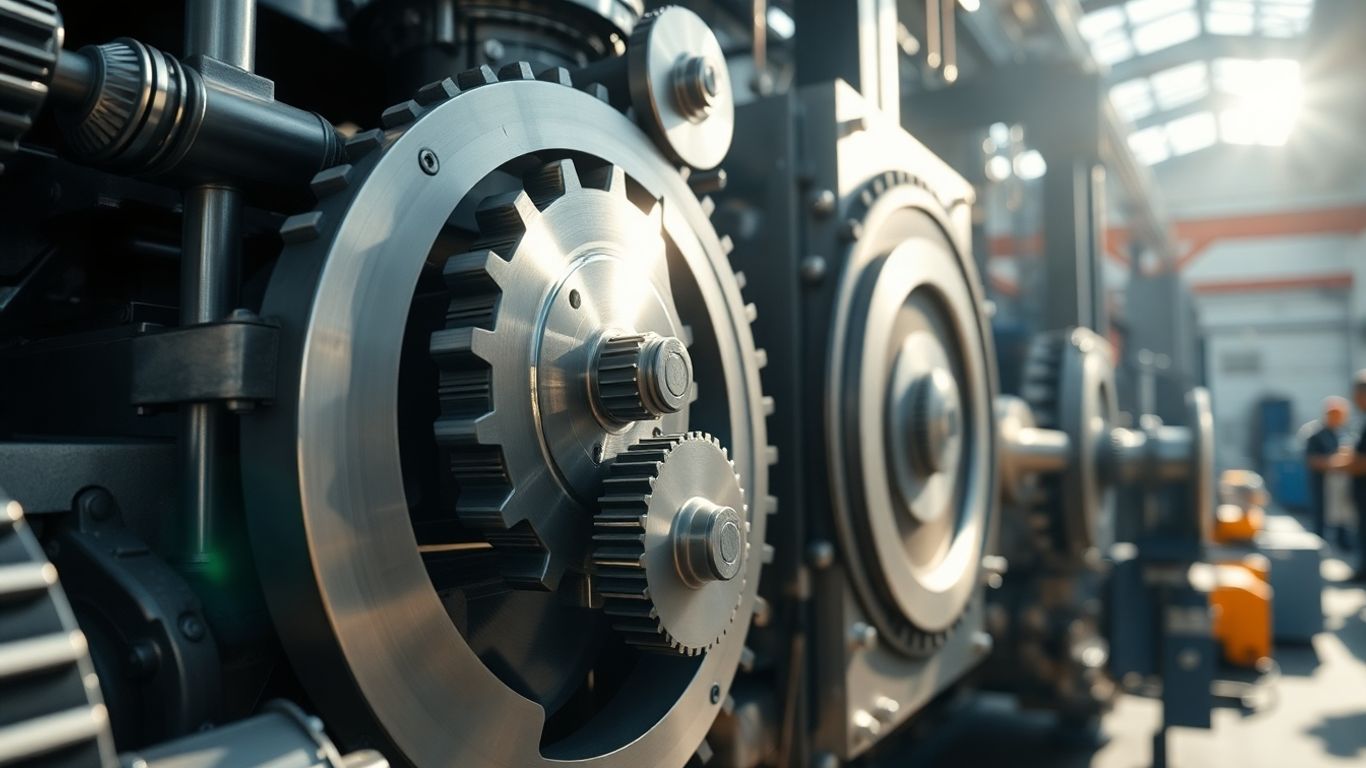 Industrielle Maschine im Maschinenbau mit Zahnrädern und Metallteilen.