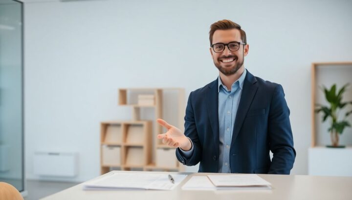 Insurance broker in a bright office discussing policies.