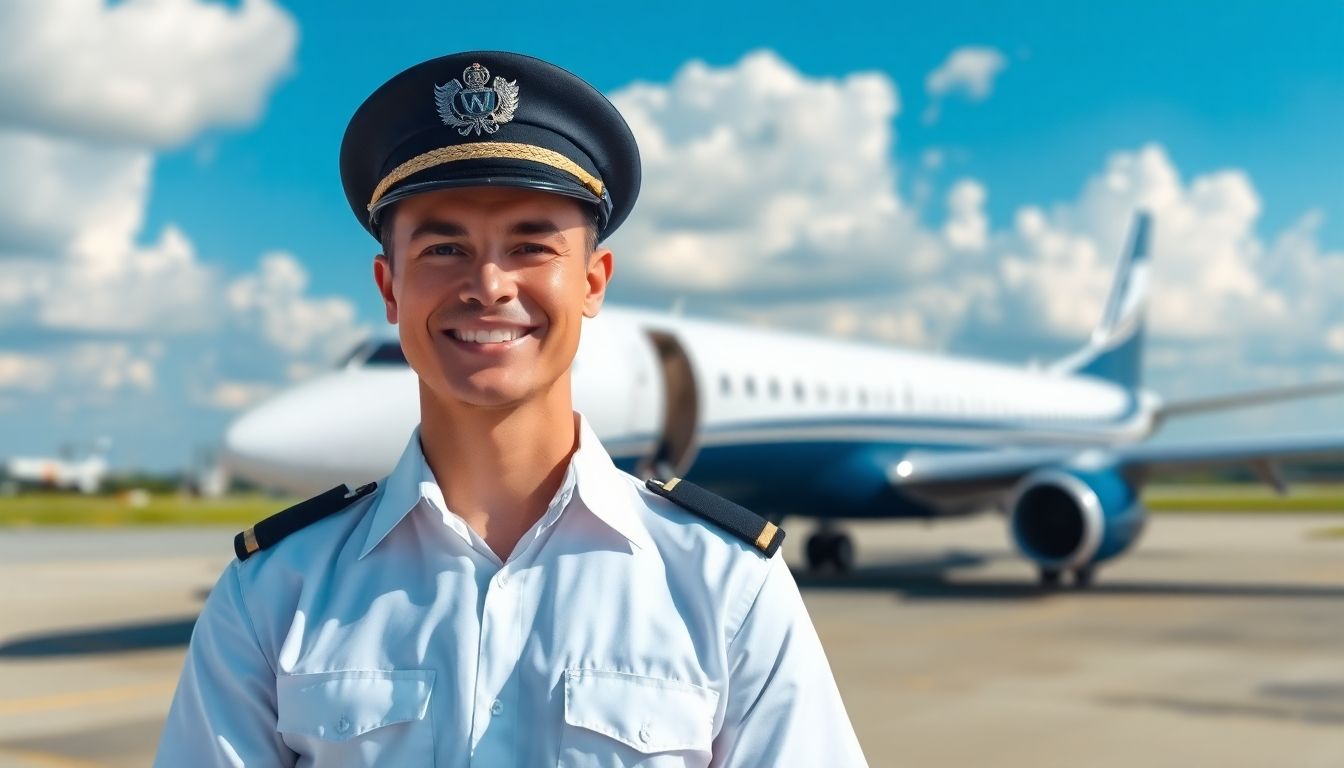 Smiling pilot in front of an airplane on a sunny day.