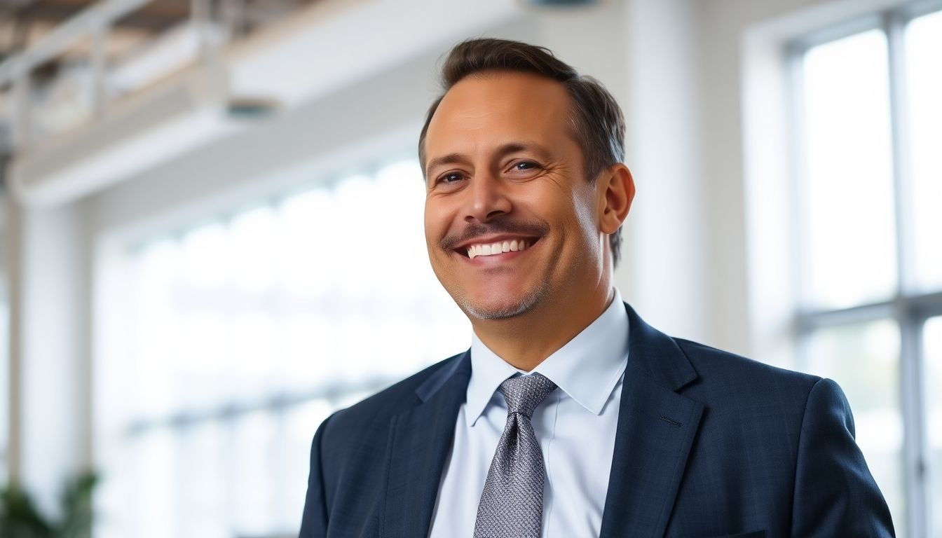 Smiling business owner in a bright office setting.