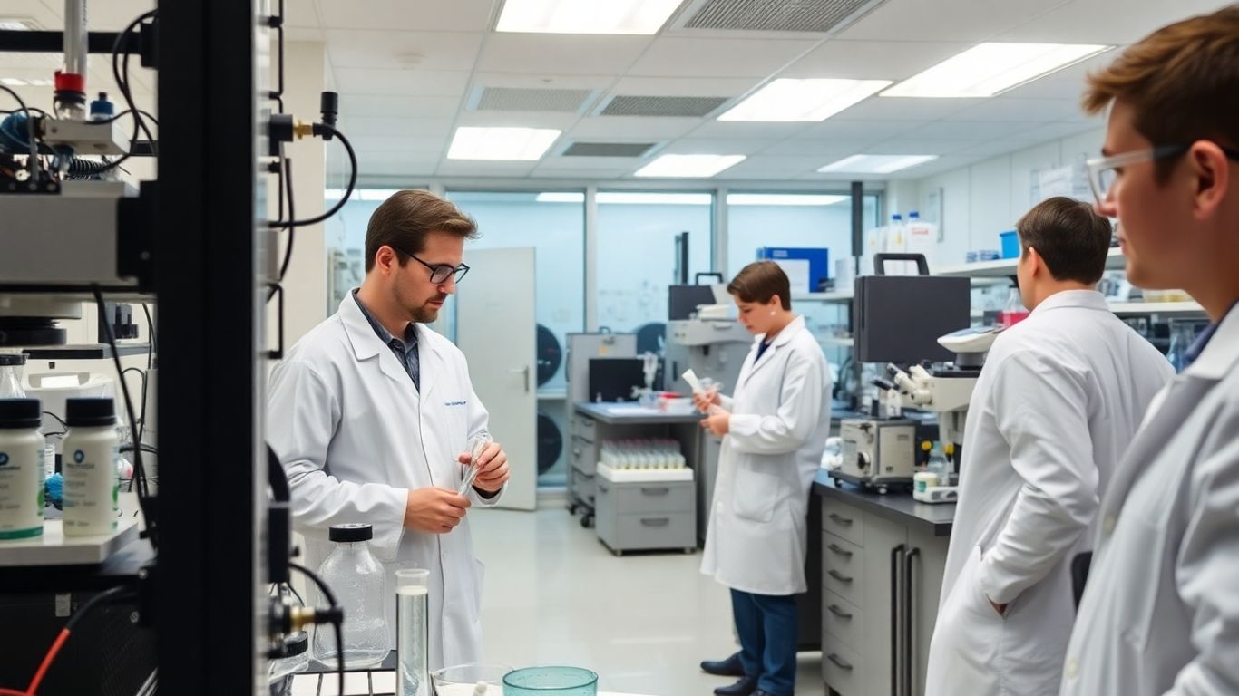 Wissenschaftler arbeiten in einem modernen Forschungslabor mit Geräten.