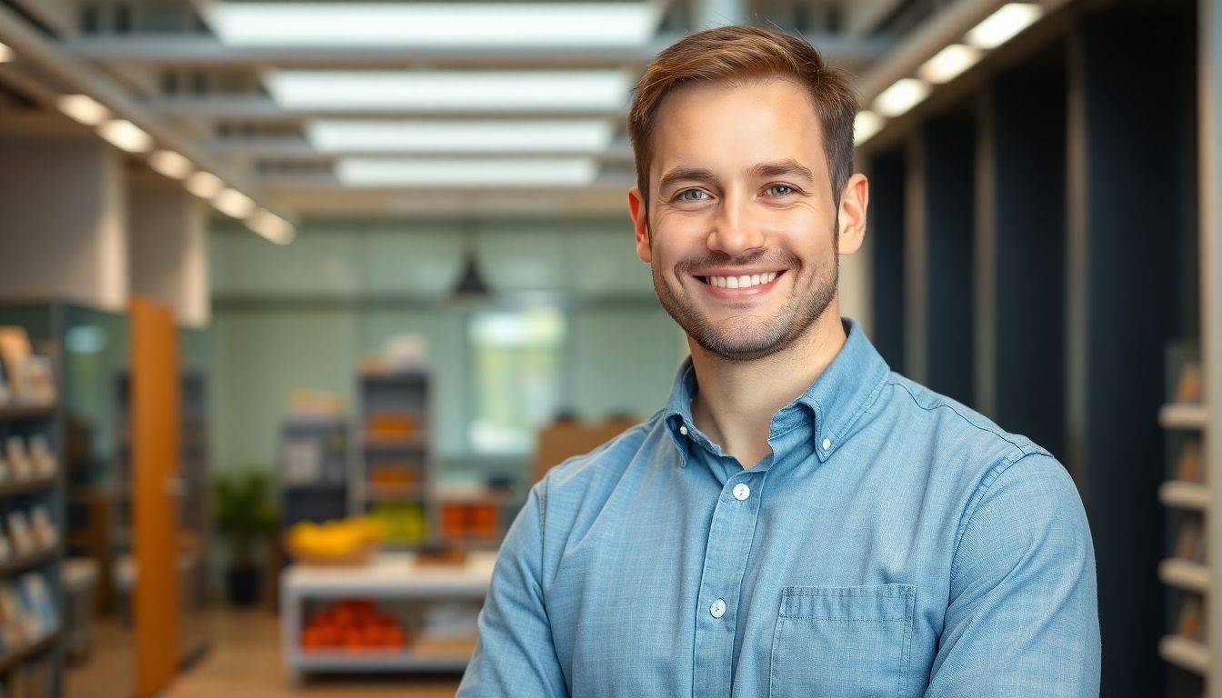 Smiling business owner in a bright office.