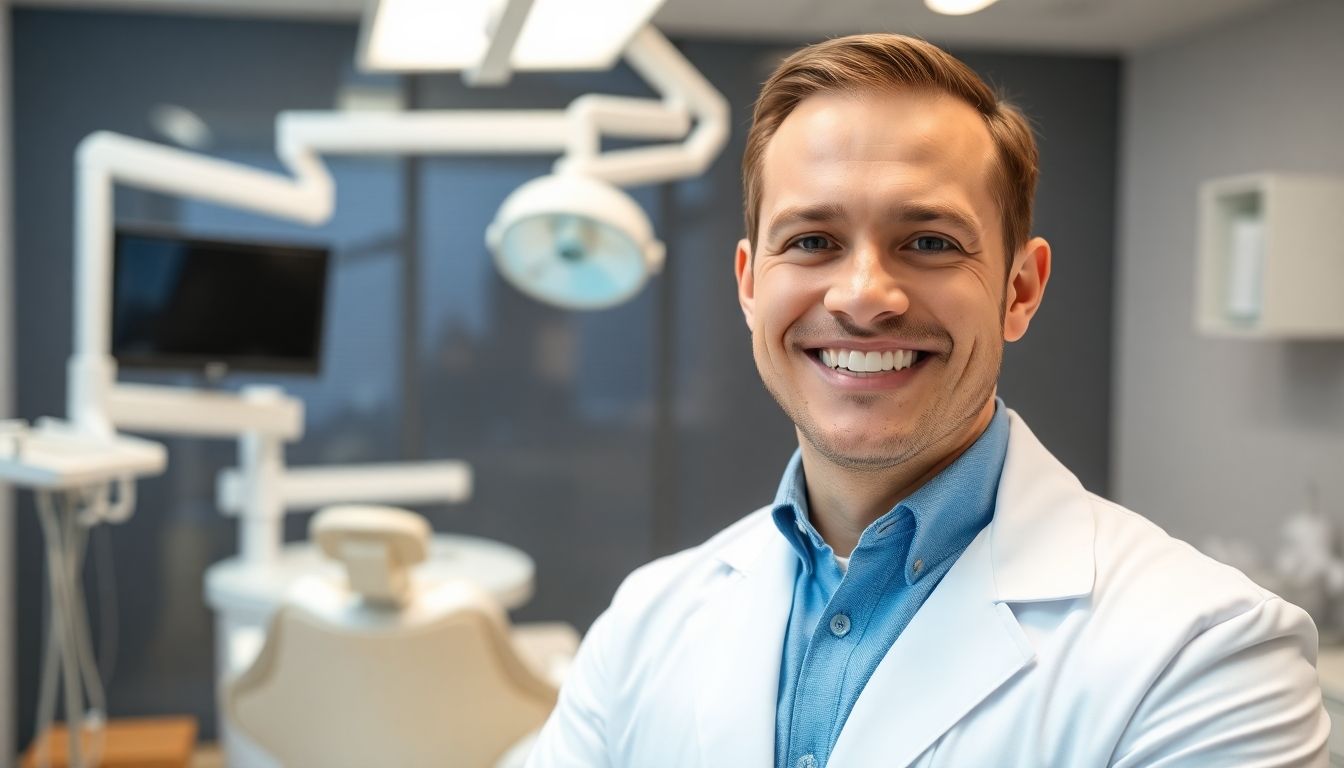 Smiling dentist in a modern, bright orthodontic practice.