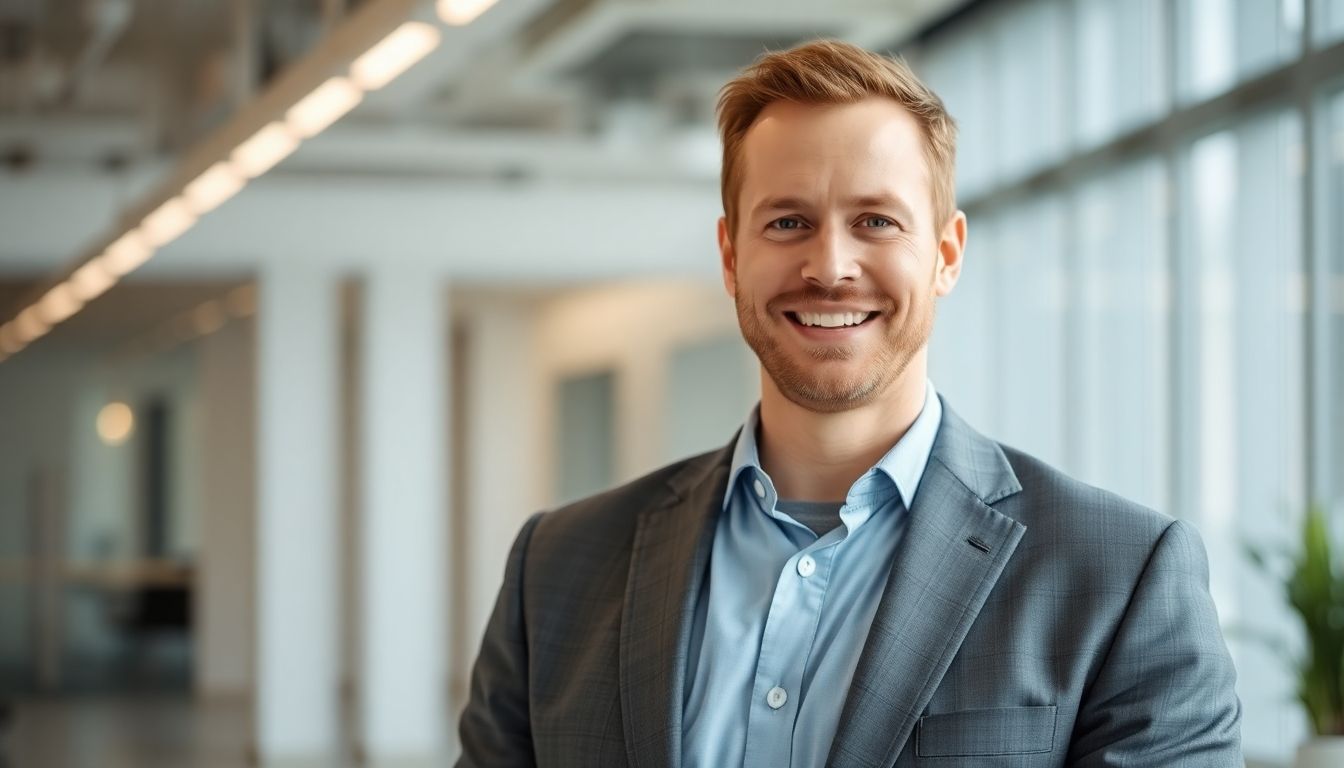 Smiling executive in a bright office setting.