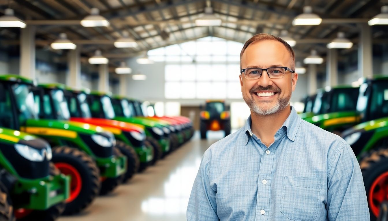 Smiling landtechnik dealer in a bright showroom with tractors.
