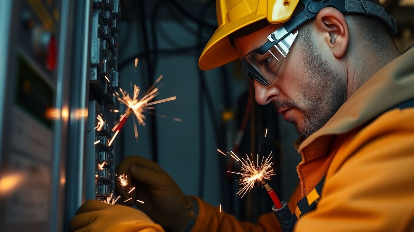 Elektriker arbeitet an elektrischer Anlage mit Funkenflug